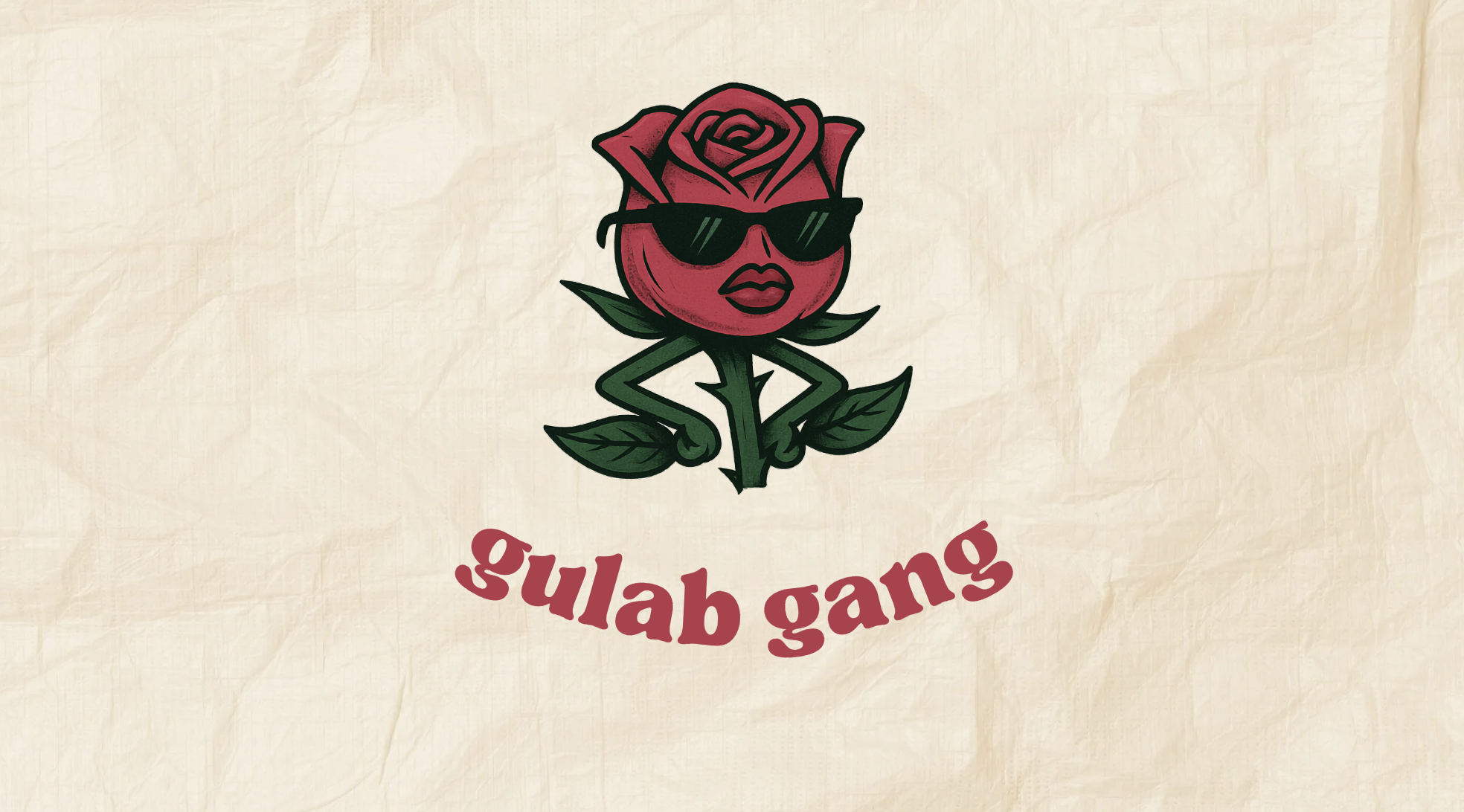 Cool rose character in sunglasses with “gulab gang” text below.